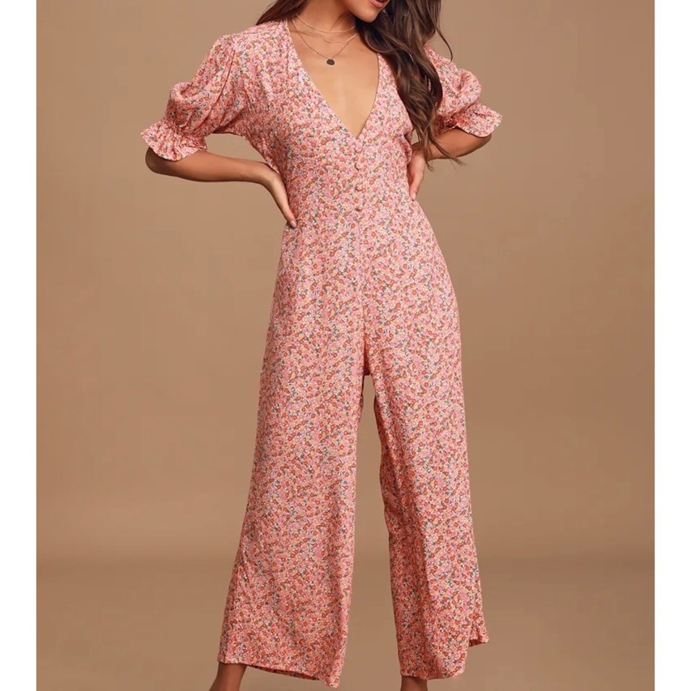 Faithfull the Brand Anka Jumpsuit Womens 6/M Pink Floral Wide Leg Puff Sleeve